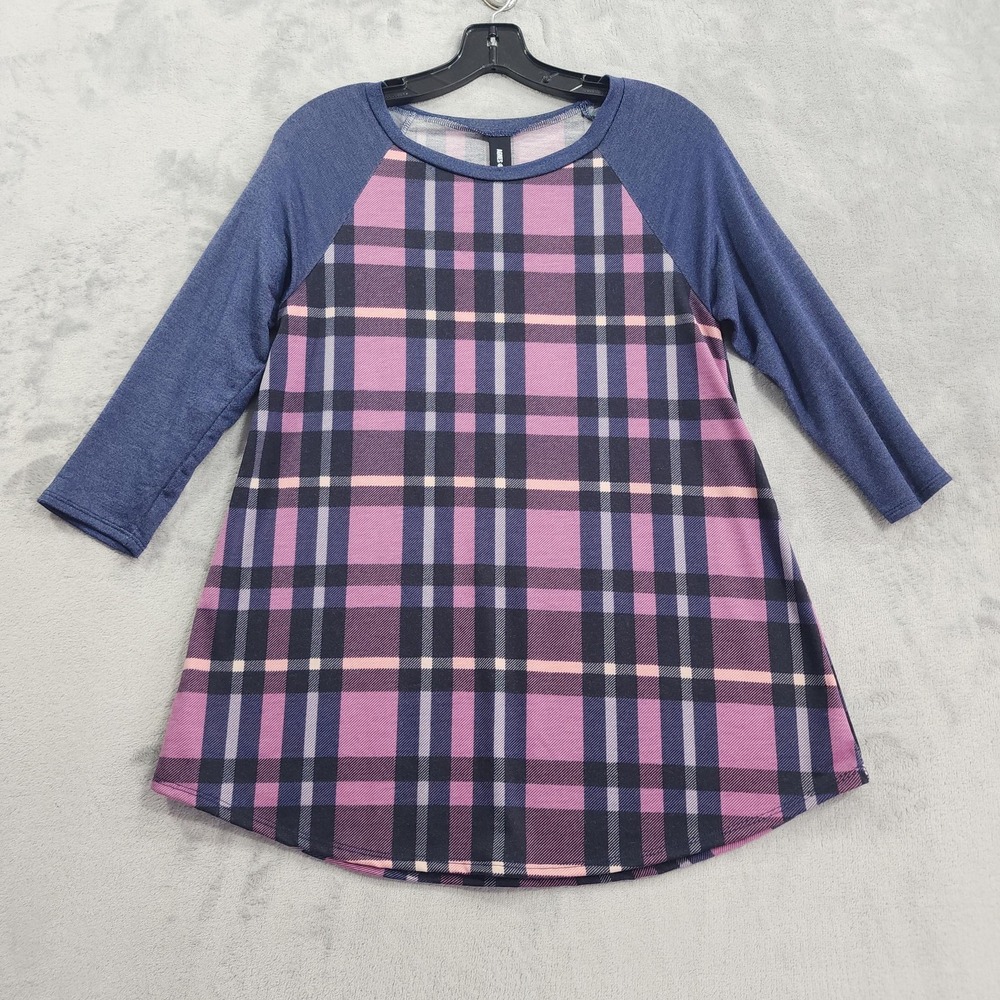 NEW Agnes & Dora Shirt Womens S Blue Plaid Raglan Everyday Tee‎ 3/4 Sleeve Tunic